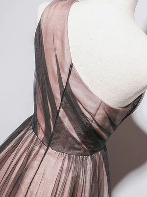 New A Line One Shoulder Brown Tulle Prom Dresses, Brown Tulle Formal Evening Dresses GG047