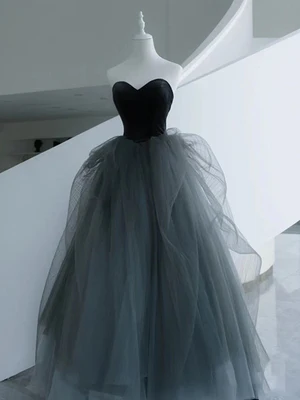 New A Line  Sweetheart Neck Gray Tulle Long Prom Dresses Gray Tulle Long Formal Graduation Dresses  GG048