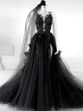 New A Line  Black V Neck Backless Lace Prom Dresses, Open Back Black Lace Formal Graduation Dresses GG050