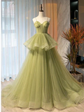 New Elegant A Line Sweetheart Neck Green  Flouncing Tulle Long Prom Dresses, Green Tulle Long Formal Graduation Dresses GG071