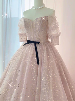 New Sweet A Line Off The Shoulder Half Sleeves Shiny Pink Sequin Prom Dresses, Shiny Pink Long Formal Evening Dresses GG076