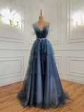 New Shiny A Line Blue Spaghetti Straps Beaded Puffy Long Prom Dresses, Blue Beaded Long Formal Graduation Dresses GG091