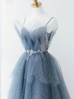 New Shiny A Line Blue Spaghetti Straps Beaded Puffy Long Prom Dresses, Blue Beaded Long Formal Graduation Dresses GG091