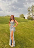 Elegant Mermaid Strapless Satin Beaded Printing Backless Slit Long Prom Dress,Evening Dress GG1006