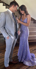 Shiny Mermaid Spaghetti Straps Lilac Satin Sequin Long Prom Dress,Evening Dress GG1013