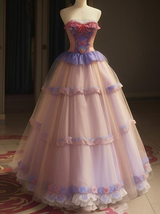 Princessful A Line Strapless Tulle Applique Long Prom Dress,Evening Dress GG1021