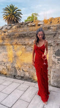 Chic Mermaid Spaghetti Straps Red Satin Ripple Long Prom Dress,Evening Dress GG1029