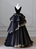 New Elegant A Line Black V Neck Puffy Layered TUlle Long Prom Dresses, Formal Evening Dresses GG102