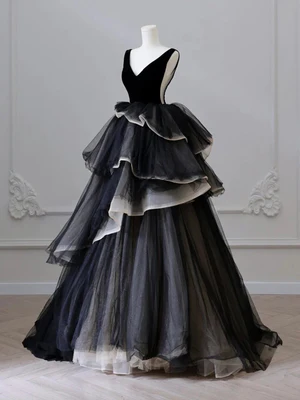 New Elegant A Line Black V Neck Puffy Layered TUlle Long Prom Dresses, Formal Evening Dresses GG102