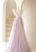 Fairy A Line V Neck With Beaded Light Pink Tulle Long Prom Dress,Evening Dress GG1036