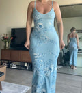Elegant Mernaid Spaghetti Straps Low Collar Pale Blue Printing Flower Satin Long Prom Dress,Evening Dress GG1042