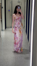 Chic Mermaid Spaghetti Straps Printing Floral Chiffon Ripple Long Prom Dress,Evening Dress GG1047