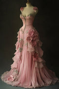 Delicate A Line Flower Straps Chiffon Sweetheart Floral Applique Long Prom Dress,Evening Dress GG1059