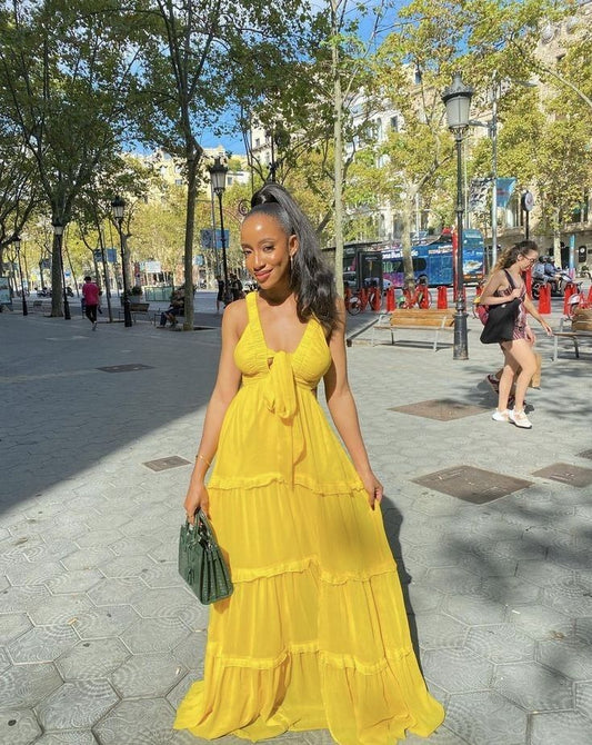 Chic A Line V Neck Straps Yellow Chiffon Long Prom Dress,Evening Dress GG1060