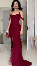 Sexy Mermaid Spaghetti Straps Off The Shoulder Chiffon Slit Long Prom Dress,Evening Dress GG1064