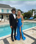 Sexy Mermaid Spaghetti Straps Blue Satin Slit Long Prom Dress,Evening Dress GG1092