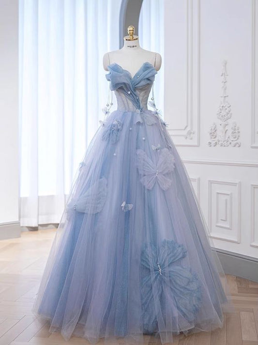 New Delicate A-line Spaghetti Strap V Neck Blue Tulle Dress With Floral Embroidery Long Prom Dresses, Formal Evening Dress GG110