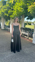 Elegant A Line Spaghetti Straps Black Satin Long Prom Dress,Evening Dress GG1150