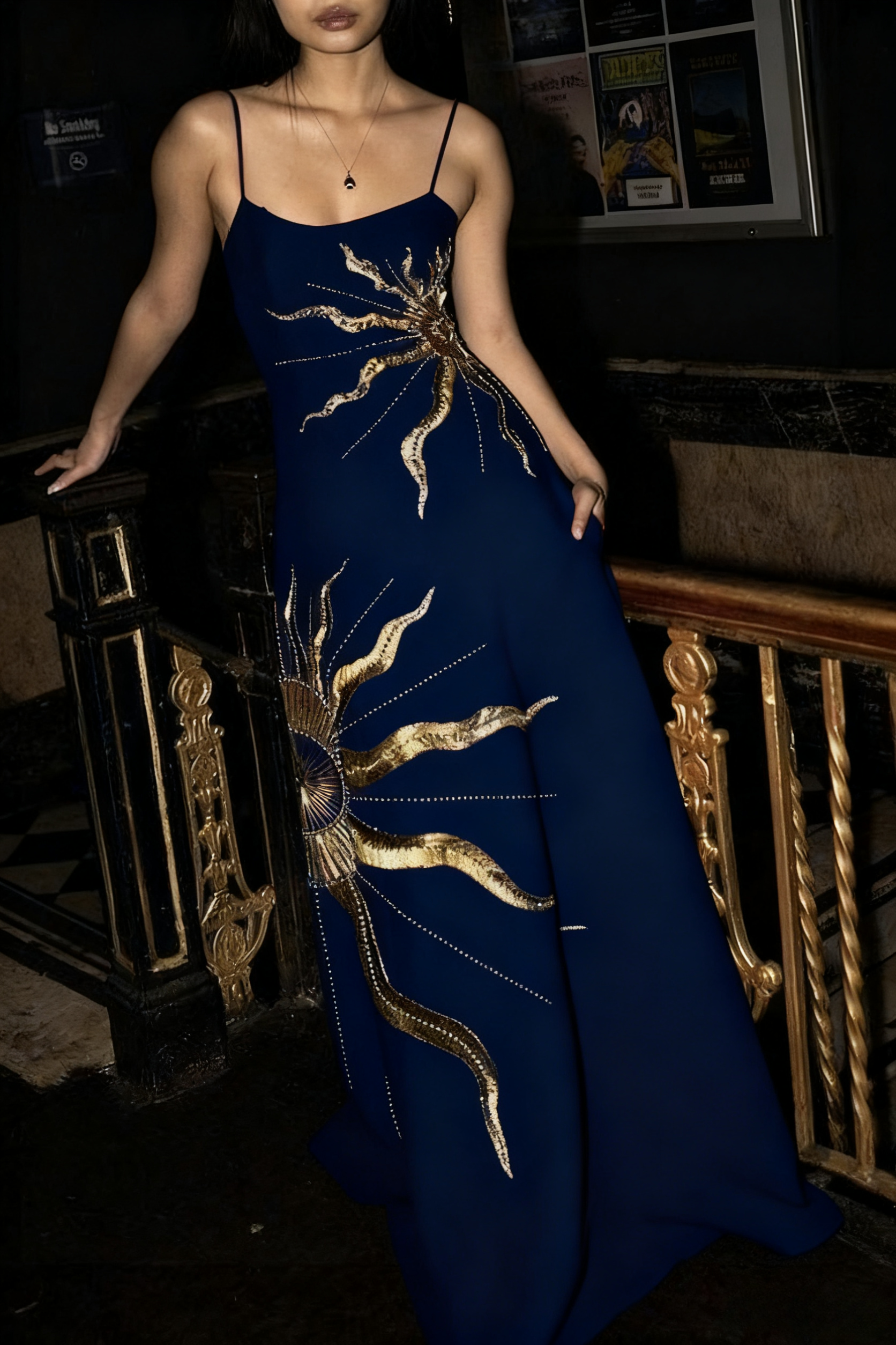 Chic A Line Spaghetti Straps Satin With Gold Embroidery Long Prom Dress,Evening Dress GG1154
