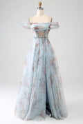 New Beautiful A-Line Blue Printed Cold Shoulder Long Corset Prom Dress With Slit, Evening Dress GG118