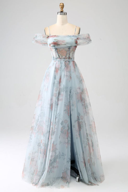 New Beautiful A-Line Blue Printed Cold Shoulder Long Corset Prom Dress With Slit, Evening Dress GG118