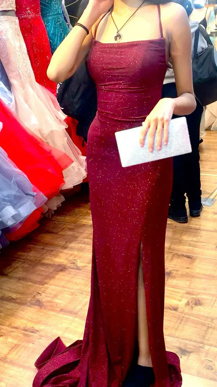 Glamorous Mermaid Spaghetti Straps Burgundy Satin Slit Long Prom Dress,Evening Dress GG1192