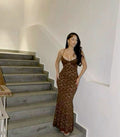 Sexy Mermaid Spaghetti Straps Brown Lace Long Prom Dress,Evening Dress GG1195