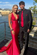 Sexy Mermaid Halter V Neck Burgundy Satin Long Prom Dress,Evening Dress GG1202
