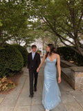 Glitter Mermaid Spaghetti Straps Pale Blue Tulle Sequin Long Prom Dress,Evening Dress GG1206