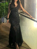 Glam Mermaid Low Collar Black Chiffon Beaded Long Prom Dress,Party Dress,Evening Dress GG1249