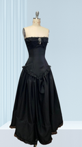 Elegant A Line Strapless Black Satin With Lace Long Prom Dress,Evening Dress GG1251