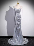 Shiny Mermaid Spaghetti Straps Silver Sequin Long Prom Dress,Evening Dresses GG128