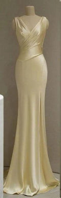 Pretty Mermaid V Neckline Yellow Satin Long Prom Dresses With Ruffle Long Evening Dresses GG130