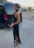 Chic Mermaid Halter High Collar Black Satin Slit Long Prom Dress,Evening Dress GG1319