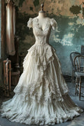 Chic A Line Lace V Neck Ivory Tulle Applique Long Prom Dress,Wedding Dress,Evening Dress GG1320