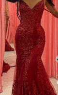 Gorgeous Mermaid Spaghetti Straps Burgundy Tulle Applique Sequin Beaded Long Prom Dress,Evening Dress GG1324