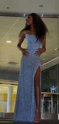 Glitter Mermaid Halter Straps Light Lavender Satin Sequin Slit Long Prom Dress,Evening Dress GG1328