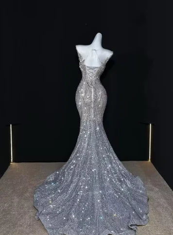 Silver gorgeous shiny fashion long sequin mermaid floor length fishtail dress prom dress, evening dress, party dress gh3522