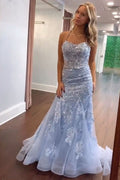 Glamorous Mermaid Halter Straps Pale Blue Tulle Applique Sequin Long Prom Dress,Evening Dress GG1332