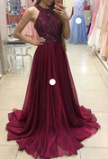 Chic A Line Halter Burgundy Chiffon Beaded Long Prom Dress,Evening Dress GG1333