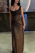 Sparkly Mermaid One Shoulder Brown Satin Sequin Pleats Slit Long Prom Dress,Evening Dress GG1338