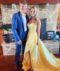 Sweet A Line Strapless Yellow Satin Irregular Hem Applique Sweep Long Prom Dress,Evening Dress GG1342