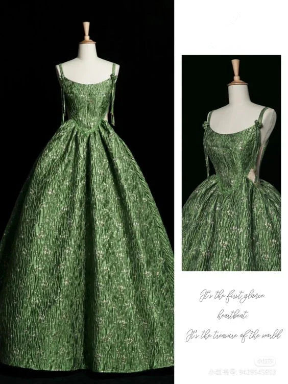 Beautiful A Line Spaghetti Straps Green Satin Long Prom Dresses,Evening Dresses GG142