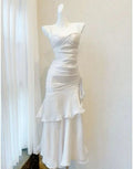 Charming Mermaid Spaghetti Straps White Chiffon Pleated Tea Length Prom Dress,Evening Dress GG1437