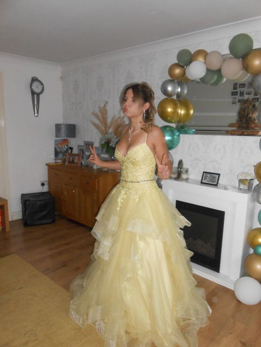 Princessful A Line Spaghetti Straps Pastel Yellow Organza Beaded Long Prom Dress,Birthday Dress GG1458