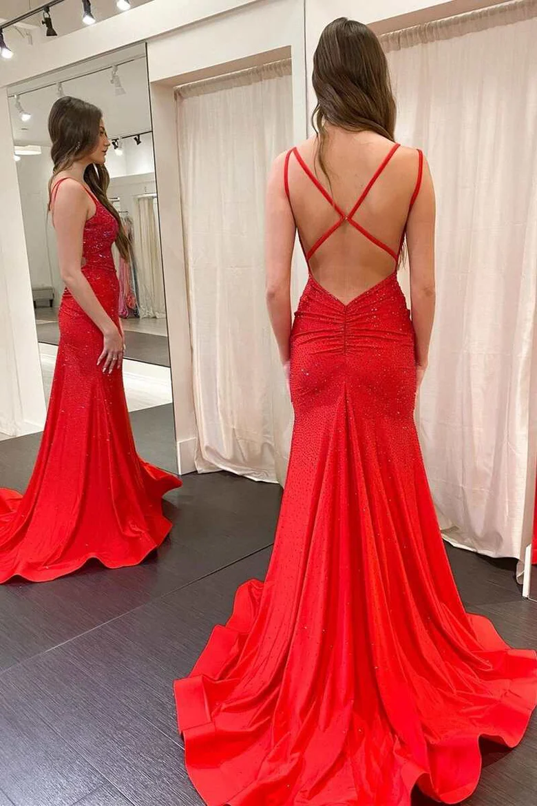 Charming Mermaid Spaghetti Straps Pastel Yellow Satin Beaded Backless Pleated Long Prom Dress,Evening Dress GG1459