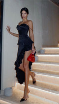 Sexy A Line Spaghetti Straps Black Satin Irregular Ruffles Hem Long Prom Dress,Evening Dress GG1460