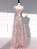 Fairy  A Line Square Spaghetti Strap Sequin Tulle Glitter Long Prom Dress,Evening Dresses GG152