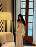 Chic Mermaid Spaghetti Straps White Satin Applique Floral Slit Long Prom Dress,Evening Dress GG1520