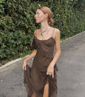 Elegant Mermaid Spaghetti Straps Brown Chiffon Ruffles Long Prom Dress,Evening Dress GG1525